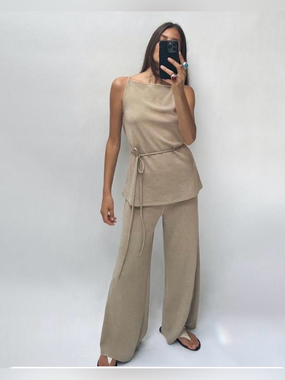 Zara Beige Wide-Leg Jumpsuit Set